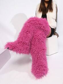 2025秋冬新款时尚大码仿羊羔毛雪地靴，保暖纯色加长雪地靴