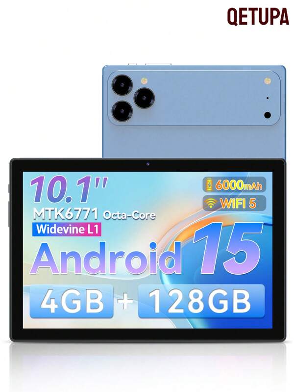 Qetupa Tableta Android 15 de 10.1", 4GB RAM + 64GB/128GB ROM, procesador MTK 6771 Octa-Core a 1.8GHz, pantalla táctil IPS HD (1280x800), BT 5.2 y WiFi 5 802.11ac, GPS, cámara frontal de 5MP y cámara trasera de 8MP, batería grande de 6000mAh, no admite tarjeta SIM, para lectura y juegos.
