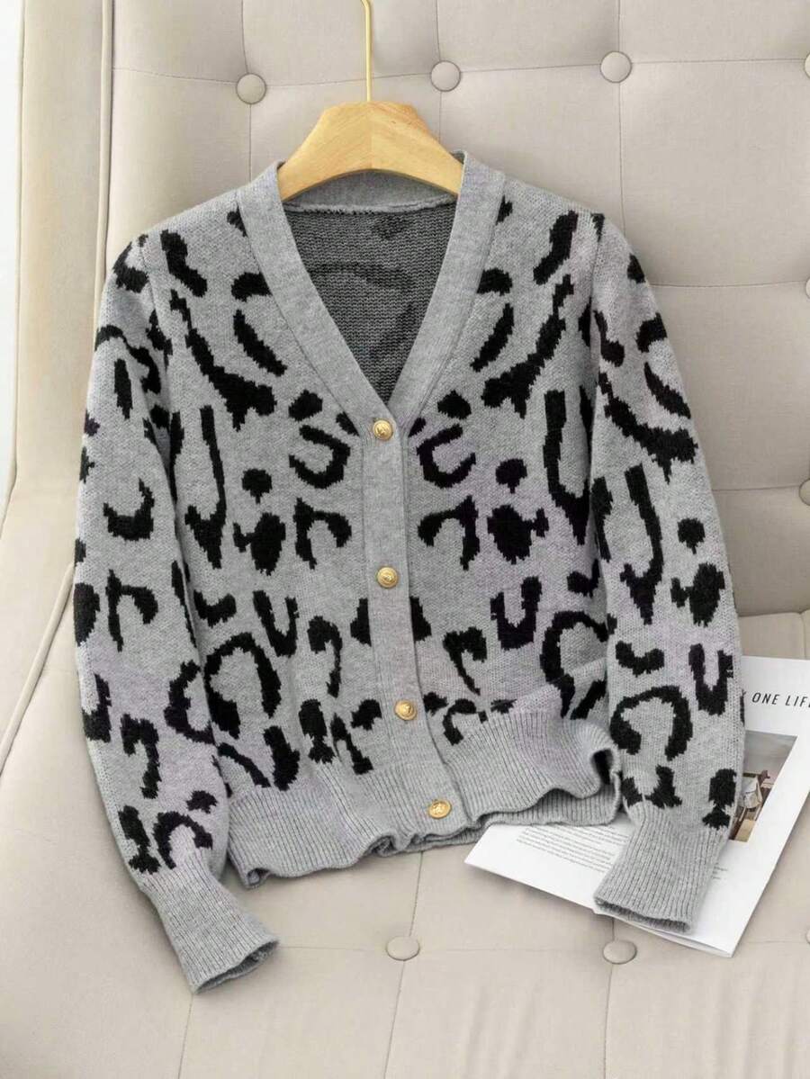 Cardigan de Tricô Vintage com Decote em V na Moda para Mulheres, Suéter de Manga Longa com Contraste de Cor e Estampa de Leopardo por Toda Parte, Fechamento com Botões, Adequado para Uso Diário, Outono/Inverno