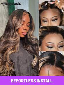 MEGALOOK 6x5渐变挑染蕾丝波浪卷假发，透明蕾丝封顶，无需胶水，真人发丝，透气轻盈发网，预先拔毛，精细发结，彩色假发 - 无需粘合剂，全天舒适，自然发际线，隐形假发，日常佩戴，办公室，派对，Y2K风格，度假，周日盛装，角色扮演，学校，节日，圣诞节，返校季，婚礼，万圣节，约会之夜，魅力假发，女士 - 間色和鋼琴色 - 查看 3