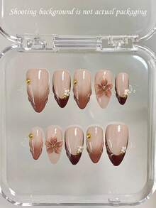 10 unidades de unhas postiças minimalistas para uso diário, em formato amendoado, com relevo 3D e comprimento médio, na cor marrom café quente.