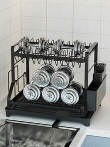 1个双层碗碟沥水架，厨房大号双层不锈钢碗碟架，可折叠防锈碗碟架，黑色 - 彩色 - 查看 8