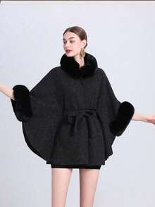 1 Stück Eleganter gestrickter Damen Schal & Cape Mantel mit Kragen & Gürtel, geeignet für Frühling, Sommer, Herbst und Winter