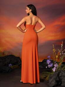 VIPGIRL Orange Strapless Slit Elegant Bridesmaid Dress - Orange - View 3
