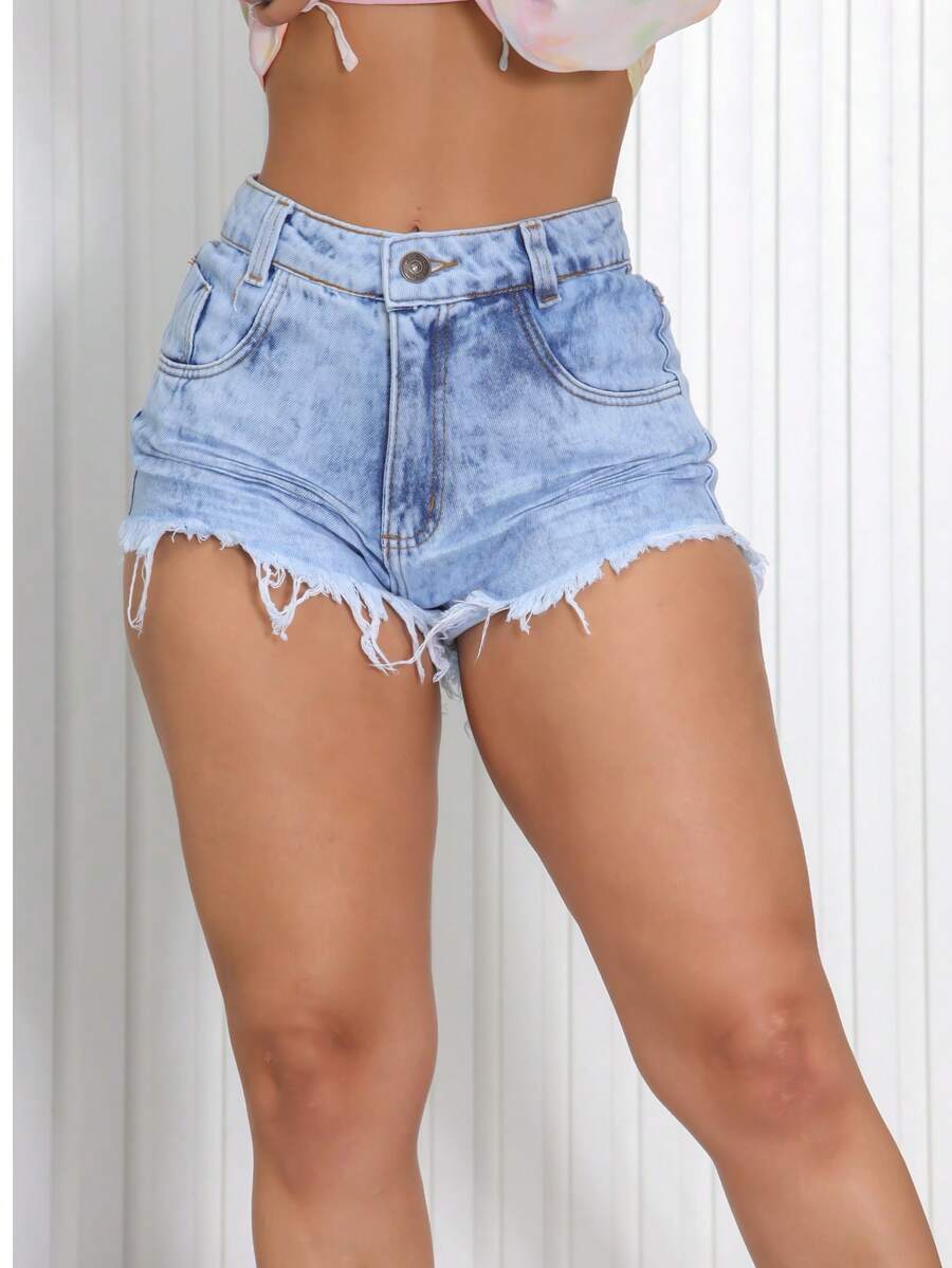Women's Distressed Denim Shorts - Rửa nhẹ - Xem 1