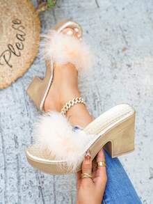 Women's Spring/Summer Sandals, Fluffy Feather Decor, Fashionable Open Toe Platform Design, Sturdy Molded Sole, Suitable For Outdoor Casual Vacation High Heel Sandals - Baby Pink - View 1