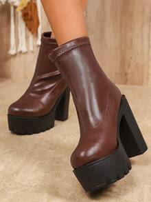 Giày bốt cổ cao đế dày màu trơn thời trang cỡ lớn dành cho nữ - màu nâu - Xem 2
