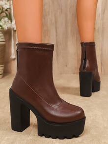 Giày bốt cổ cao đế dày màu trơn thời trang cỡ lớn dành cho nữ - màu nâu - Xem 4
