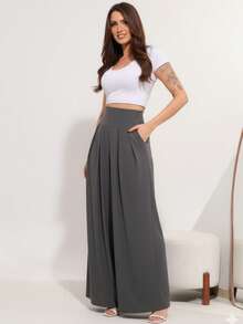 Wide-Leg, Loose-Fitting Palazzo Pants In Viscose/Lycra Knit Fabric With A Wide Waistband And High Waist And Pleats. - Dark Grey - View 8