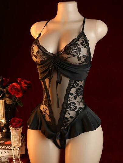 性感蕾丝连体衣，露背露裆设计，性感黑色内衣，抽绳设计，成人贴身衣物 | 蕾丝边饰 | 可调节肩带，内衣配饰