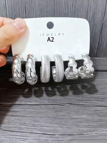 Set de 6-18 piezas de aretes de tono plateado surtidos, diseño único vintage, textura metálica, versátil y de nicho, accesorio de moda imprescindible - Plateado - Ver 8