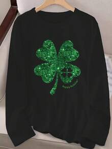 Christmas Outfit Women Ladies Casual Long Sleeve Round Neck Pattern Printed T-Shirt - Four-Leaf Clover Glitter Design With Happy St. Patrick's Day Text, Machine Washable Regular Fit For Autumn Winter Season And Festival Celebration Outfits, Straight Sleeve Design Loose And Comfortable Winter Clothes For Women - 黑色 - 查看 3