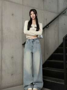 YEAE | Fashionable Retro High Waist Straight Leg Wide Leg Jeans, Casual Versatile American Style Long Pants For Women - Dusty Blue - View 1