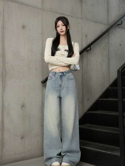 YEAE | Fashionable Retro High Waist Straight Leg Wide Leg Jeans, Casual Versatile American Style Long Pants For Women