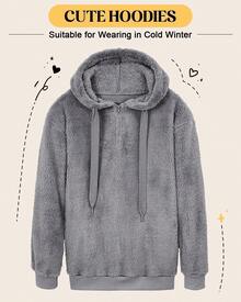 Womens Fuzzy Hoodies Pullover Sport Hoodie Cozy Oversized Pockets Hooded Sweatshirt Athletic Fleece HoodiesChristmas - Xám - Xem 2
