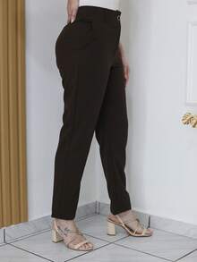 Women's Tailored Plain Trousers With Button - Maxma 6631 - 深棕色 - 查看 3
