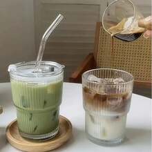 1 Set Of Striped Glass Cup With Straw And Lid, Portable Minimalist Water Cup, Vertical Striped Glass Cup, High-Quality Reusable Glass Coffee And Juice Cup, Multi-Purpose Beverage Container, Suitable For Home, Office, Beach, Various Parties, Applicable For Coffee, Tea, Milk, Iced Americano And Milkshake