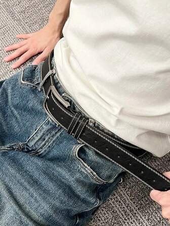 1条男女通用休闲腰带，2025新款时尚牛仔腰带，适合年轻男女，黑色，日常穿着