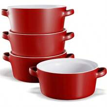 Soup Bowls With Handles Ceramic Oven  Bowls For Individual Servings Stackable Dish Suitable For Broiling Oven Microwave And Dishwasher Use Ideal For Casseroles Pasta Cereal 23.6 Oz Set Of 4 Matte Red Finish - MatteRed - View 2