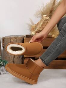 女士冬季雪地靴，新款轻便防滑中筒短靴，厚垫冬季鞋 - 棕色 - 查看 4
