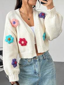 Women's Casual Floral Decor Long Sleeve Knitted Cardigan, Autumn/Winter