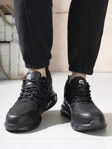 GUYISA Steel Toe Safety Shoes, Anti-Smash & Anti-Puncture, Fashionable Breathable Black Patchwork Design, Lightweight Air Cushion Soft Sole, Functional Shoes For Men,