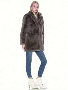 FHILLINUO 女士灰色仿毛皮外套，长袖翻领，及大腿长度，带口袋，无弹力面料，冬季保暖，适合圣诞节、新年及其他场合。 - 灰色 - 查看 3