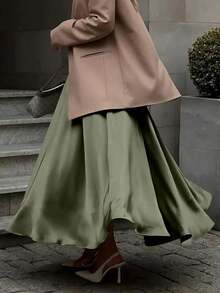 EARO Women's European And American Fashion Elegant Satin High-End Everyday Versatile Skirt, High Waisted Slimming Stretchy Knee-Length A-Line Flared Skirt, Autumn/Winter - 綠色 - 查看 4