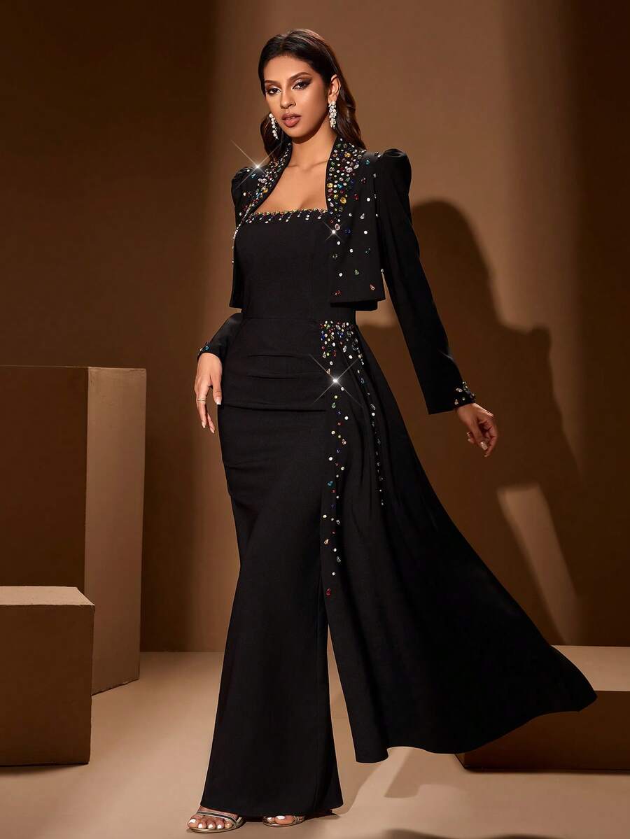 Đầm maxi nữ màu trơn, đính đá thủ công nhiều màu (màu sắc, hình dạng và vị trí ngẫu nhiên), kiểu dáng bất đối xứng, xếp nếp, không tay, kèm áo khoác cardigan rời, thích hợp cho tiệc chiêu đãi, công sở, tiệc tối, họp mặt, trang phục trang trọng, thanh lịch, màu đen, thích hợp cho đám cưới, mùa xuân. - màu đen - Xem 1