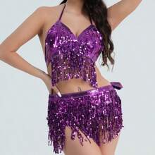 2 Peças Conjunto de Fantasia de Dança do Ventre para Mulheres, Lenço de Quadril com Franjas Bordadas e Top de Maiô Bikini, Acessório para Carnaval, Festival, Festa e Clubes