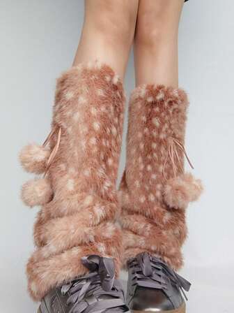 1双圣诞礼物保暖鹿纹腿套，仿毛皮蓬松洛丽塔风格腿套，秋冬季舒适保暖