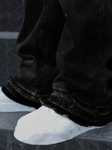 Slim Fit Stretch Denim Jeans, Distressed Washed Cotton Jeans, Versatile & Fashionable; Washed Denim Jeans With Slant Pockets, Lightweight Business Casual, Versatile; Straight Leg Casual Pants With Button & Zipper, Suitable For All Seasons - Black - View 8