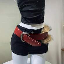 1pc PU Leather Rivet Fleece-Lined Perforated Belt: Punk Street Style Y2K Aesthetic Cool Women's Waist Strap - Pairs With Dresses, Casual Pants & Jeans - A款紅色 - 查看 5