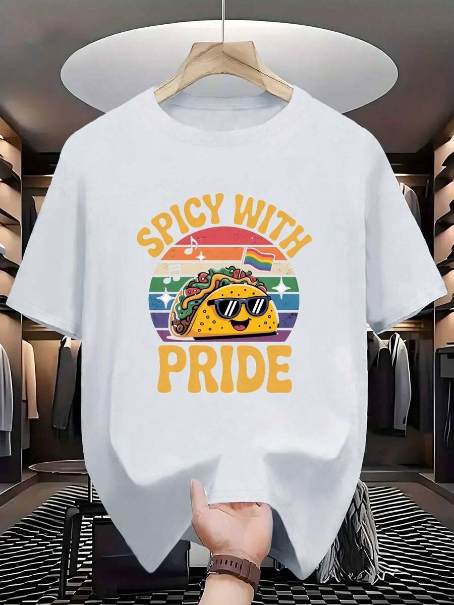 Camiseta casual de algodón para hombres GILDAN - "Picante con orgullo" con diseño de bandera de orgullo, manga corta, cuello redondo, esencial para el verano para adultos, ropa para eventos de orgullo | Camiseta gráfica audaz | Tejido de algodón