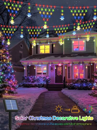 1 Peça Luz Ambiente em Formato de Floco de Neve com Luz Solar de Malha Triangular, Luz de Pingente Solar, Luz de Rede de Estrela do Mar, Luz Colorida Solar, Luz de Cortina, Luz de Decoração de Telhado, Camping, Jardim, Decoração de Natal, Ação de Graças, IP44 (500mAh)