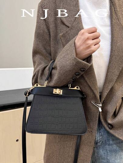 纯色鳄鱼/石纹时尚扭扣手提包，时尚PU材质，品牌款，优雅几何图案