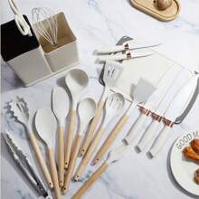 [19 Piece KITCHEN UTENSILS SET]Kitchenware Utensils And Knife Set,Practical Kitchen Accessories Includes 9 Piece Non-Stick Silicone Cooking Utensils- 5 Piece Sharp Stainless Steel Chef Knives- Scissors -Whisk Tongs And Cutting Board ,Kitchen Utensil Set Be Your Kitchen Assistant,Kitchen Essential- Great For Chefs, Bakers, Pastry Chefs, Or Amateurs. Best For Stirring, Scraping, Folding, Cooking, And Steaming All Kinds Of Food,Room Decor. It's A Thoughtful And Practical Present For Any Cooking Enthusiast,Christmas Gift For Home Chefs • New Year's Culinary Upgrades - 白色 - 查看 2