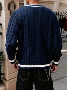 1pc Teen Boys V-Neck Knit Sweater, Elegant & Comfortable Versatile Collegiate Style Knitwear, Suitable For Gatherings, Outings, Back To School - Màu xanh hải quân - Xem 2