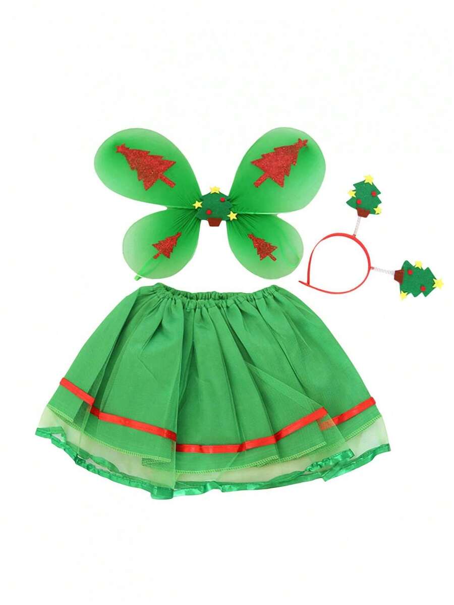 Girls Christmas Fairy Costume Include Glitter Tree Print Butterfly Wings Skirt Headband Set Cosplay Outfits - Green - View 1