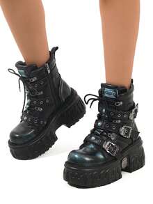 Autumn/Winter Gothic Cyberpunk Style Lace-Up Platform Boots, Retro Fashion Thick Sole Shoes For Women - Dark Blue - View 4
