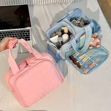 New Fashionable Women's Lightweight Travel Cosmetic Bag 4-Compartment Design Front Pocket With Two Large Mesh Pockets And Clear Bottom Storage Bag Includes Elastic Drawstring Makeup Brush Pouch Available In Four Colors - 粉紅色 - 查看 1