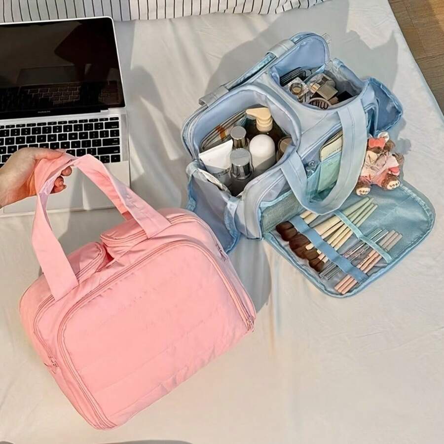 New Fashionable Women's Lightweight Travel Cosmetic Bag 4-Compartment Design Front Pocket With Two Large Mesh Pockets And Clear Bottom Storage Bag Includes Elastic Drawstring Makeup Brush Pouch Available In Four Colors - 粉紅色 - 查看 1