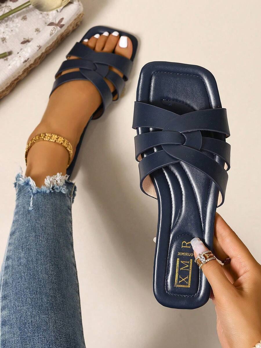 New Spring/Summer Fashion Casual Strap Slide Sandals, Comfortable Flat Heel Round Toe Slip-On Beach Slippers, Versatile Decorative Flat Sandals For Summer - Navy Blue - View 1