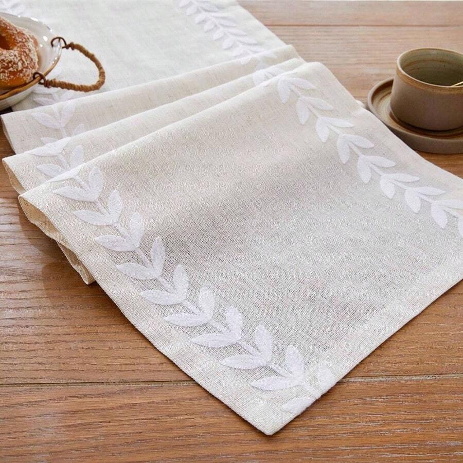 Linen Embroidered Table Runner, Irregular Willow Leaf Table Runners 275cm Long, Rustic Farmhouse Table Runner Dining Holiday Parties And Everyday UseWhite, 275cm - White + 35*275cm - View 1