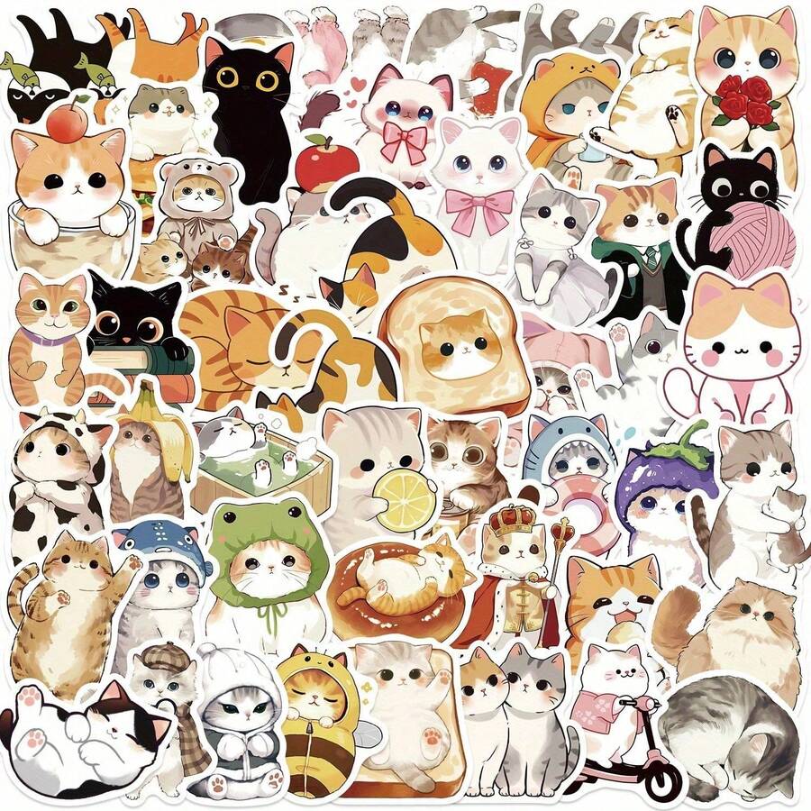 50pcs Cartoon Stickers - Self-Adhesive PVC Stickers, Vivid Color Mixing, Cute Animal And Food Designs, Suitable For Luggage, Skateboards, Helmets, Water Bottles, DIY Decorative Art, Luggage Decoration, Lively Design, Easy To Stick Stickers - 1 - 查看 1