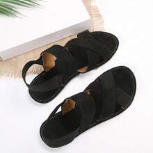 女士純色平底涼鞋，休閒彈性帶夏季鞋，無帶海灘鞋