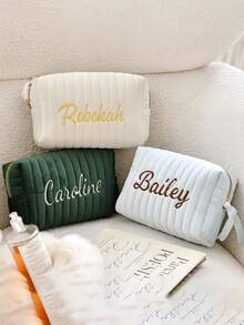 Personalized Embroidered Velvet Makeup Bag, Letter Embroidered Travel Toiletries Bag, Bridesmaid Gift, Ladies Embroidered Velvet Storage Bag - Multicolor - View 6