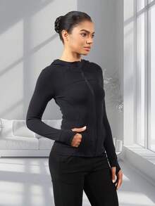 Women's Hooded Long Sleeve Sports Jacket With Thumbholes With Pockets, Breathable Athletic Casual Pullover, Sportswear, Fitness Clothing, Yoga Jacket, Fitness Clothing, Long Sleeve Cycling Sweatshirt, Women's Outdoor Sports Running Tops, Women's Yoga Hoodie Suitable For Running, Fitness, Yoga, Everyday Leisure - 黑色 - 查看 4