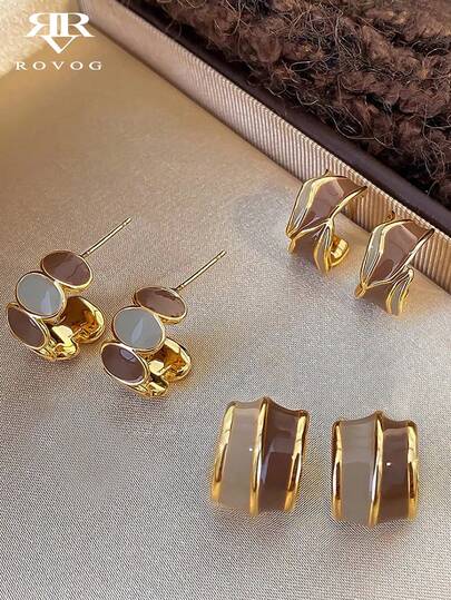 3 Pairs Elegant Minimalist Unique Geometric Dual-Tone Design Earrings Set, Luxury Chic Everyday Casual Party Accessories For Women