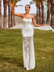 女士优雅无肩带婚纱 – 竖条纹、褶裥紧身胸衣和薄纱花卉蕾丝曳地长裙，适合新娘、春季连衣裙和夏季服装 - 白色 - 查看 6